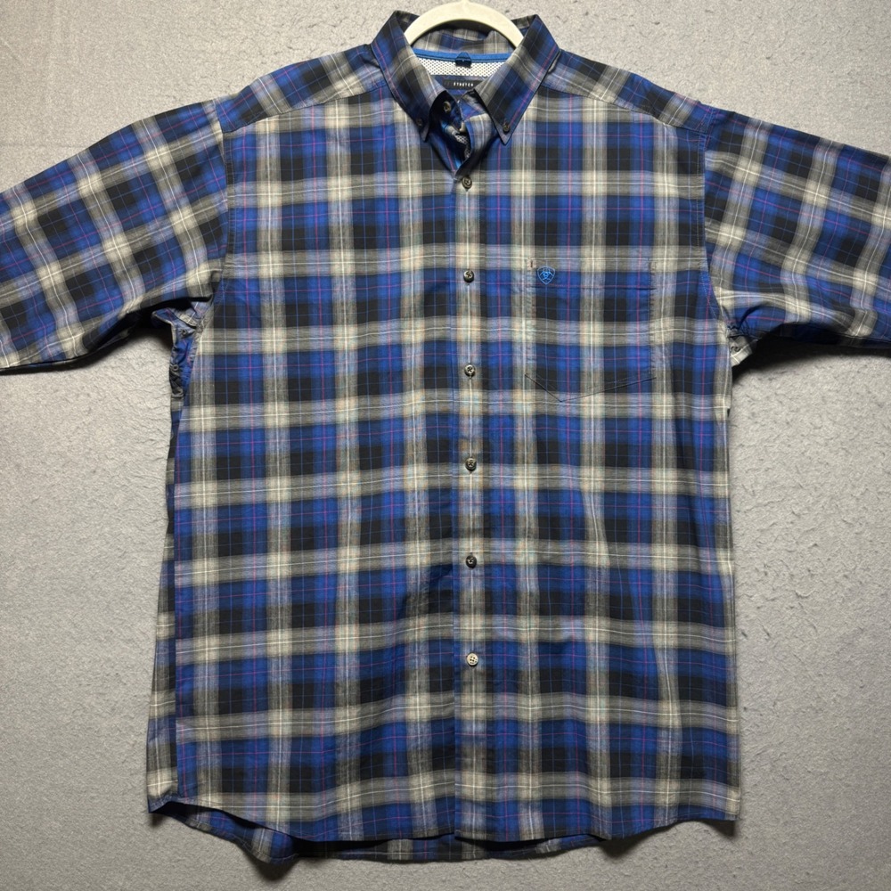 Ariat Pro Series Mens Plaid Button Down Shirt L G Stretch Blue Black Gray‎